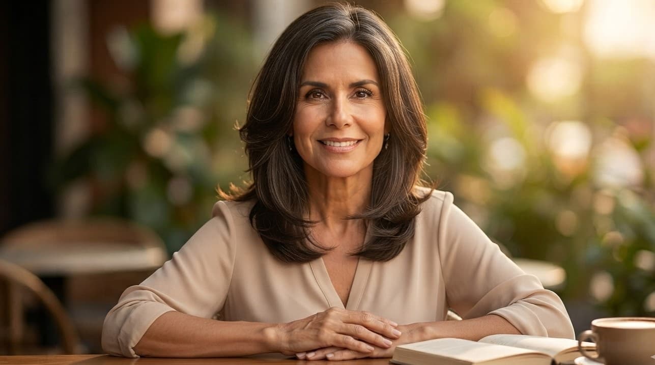 Isabel sonriendo, sentada a una mesa con un libro abierto y un café, en un espacio cálido y luminoso