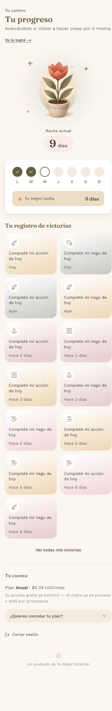 Captura real de la pantalla Tu racha y tu jardín dentro de la app